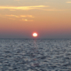Sonnenuntergang am Meer, im Vordergrund ein leicht gewelltes, dunkelblaues Meer, darüber ein rötlich gelber Himmel mit wenigen goldfarbenen Wolkenschleiern, und in der Bildmitte die Sonne als rote Kugel. Foto: Birte Vogel