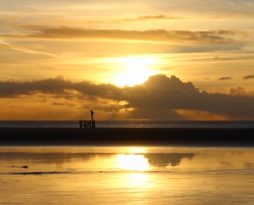 Sonnenuntergang am Meer, im Vordergrund aufgelaufenes Wasser, dahinter Strand, am Horizont das Meer, darüber Himmel mit Wolken, und alles in goldenes Licht getaucht (Foto: Birte Vogel)