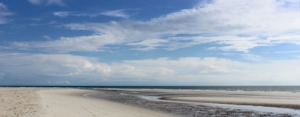 Im Vordergrund ein menschenleerer Strand, durchzogen von einem kleinen Pril, im Hintergrund dunkelblau das Meer, darüber ein blauer Himmel mit vielen weißen Wolken. Foto: Birte Vogel