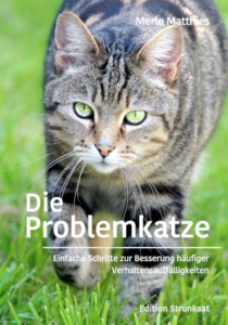 Cover des Buches „Die Problemkatze“ von Merle Matthies mit einer grau-schwarz gestreiften Katze, die auf die Kamera zuläuft, vor grünem Gras